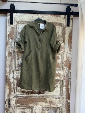 Elena Baldi Linen Relaxed Olive Shirt Dress with Roll-Tab Sleeves, Size M